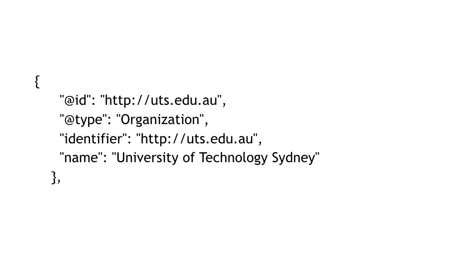 
{
      "@id": "http://uts.edu.au",
      "@type": "Organization",
      "identifier": "http://uts.edu.au",
      "name": "University of Technology Sydney"
    },
<p>